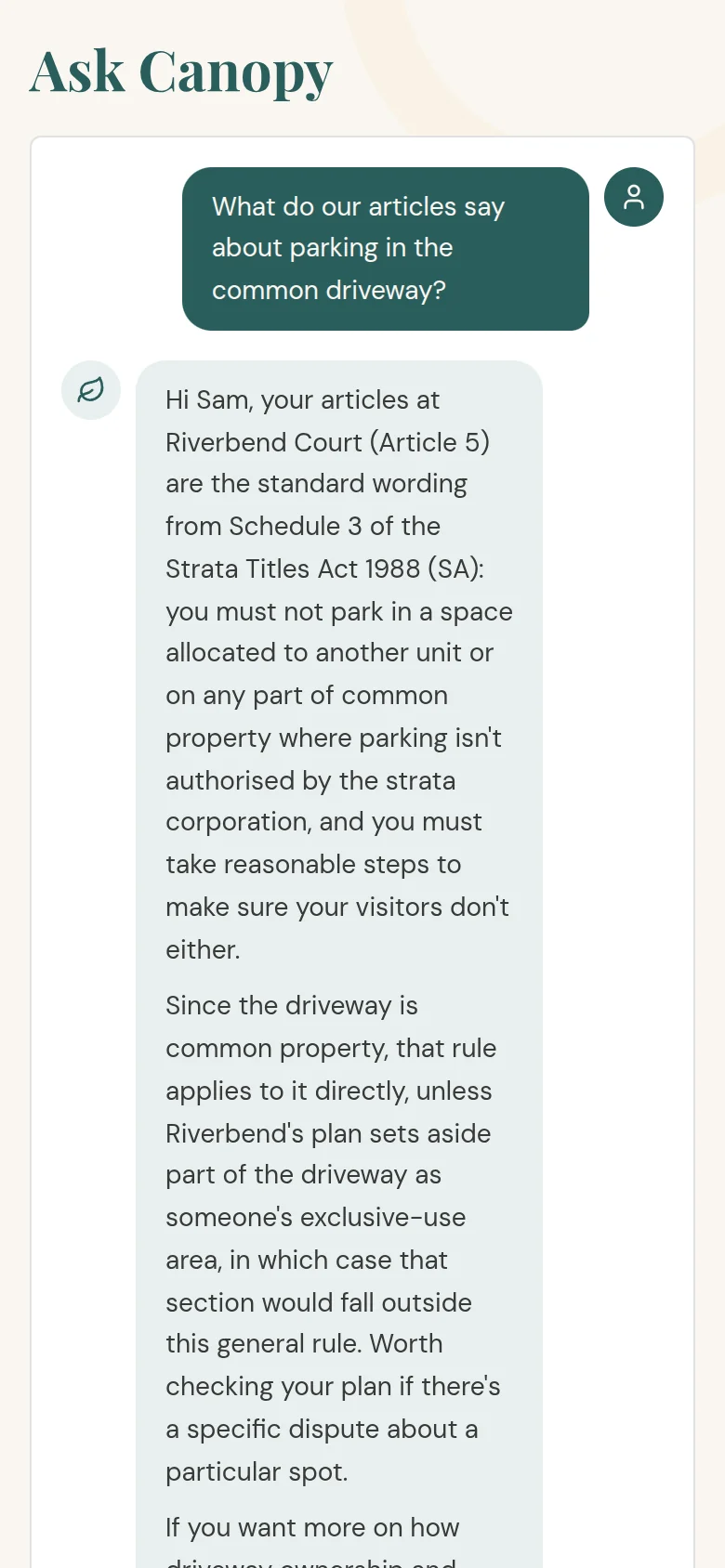 The portal's Ask page on a phone, answering an owner's question about parking under the building's articles