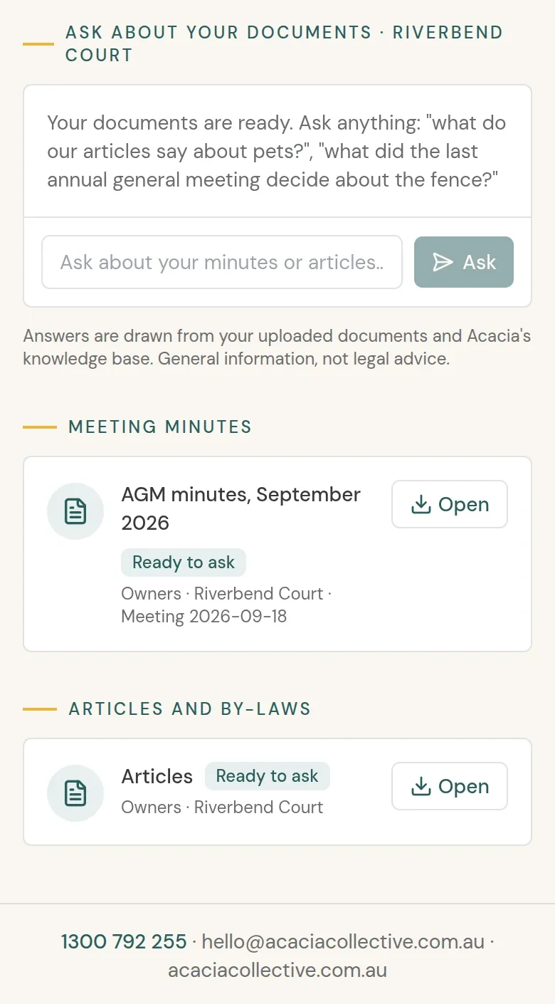 The portal's Documents page on a phone, listing a building's AGM minutes and its articles, each ready to ask about