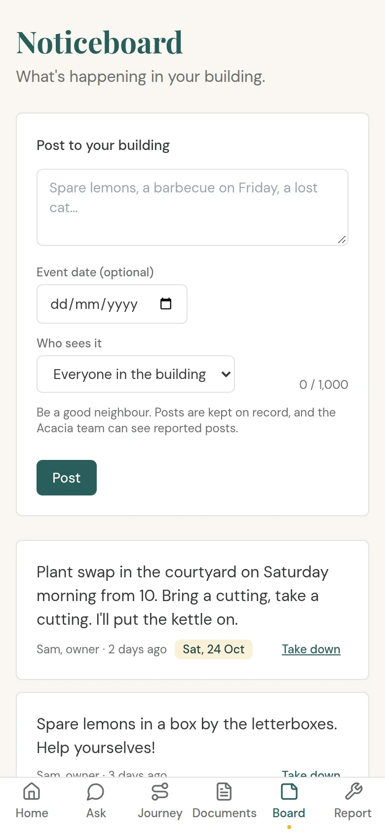 The portal's noticeboard on a phone, with posts about a courtyard plant swap and spare lemons by the letterboxes