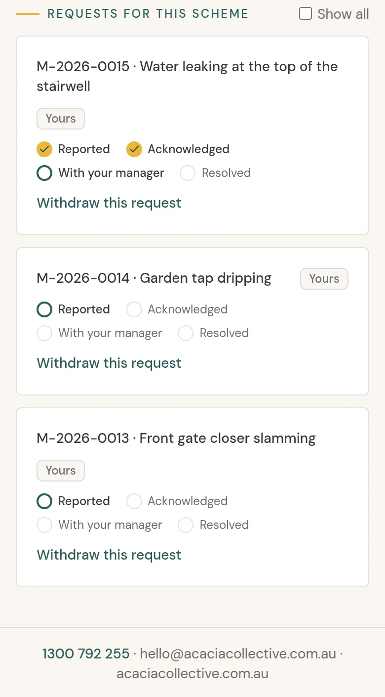 The portal's requests list on a phone, with a stairwell leak marked Reported and Acknowledged and now with the manager
