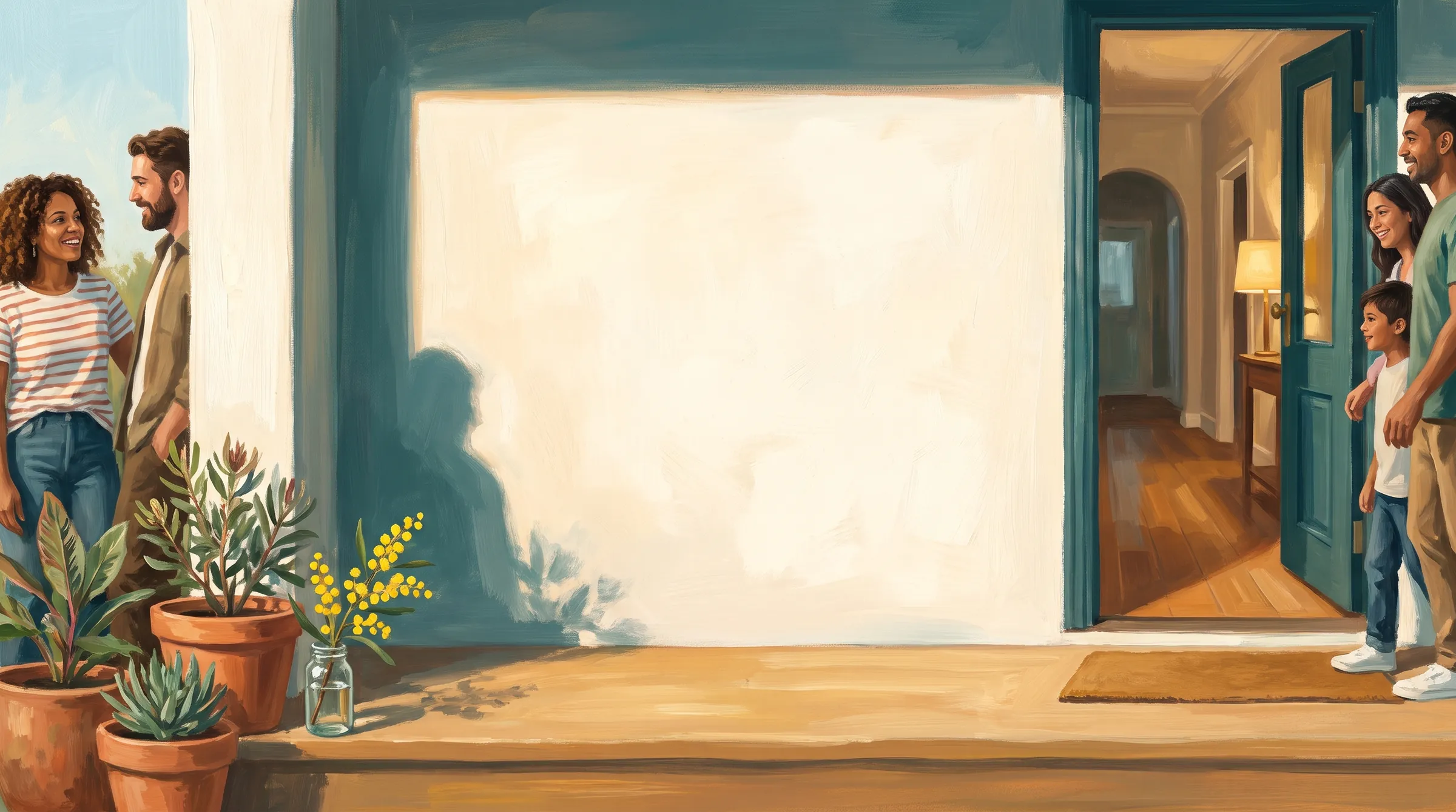 Painted illustration of a sunny apartment front step, the door open onto a warm hallway, with neighbours chatting at either side and a sprig of wattle