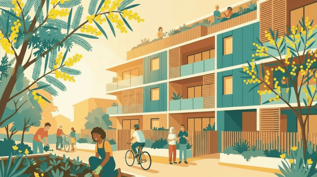 Illustrated apartment building with wattle in the foreground