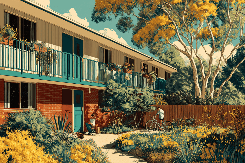 Illustrated scene of an Acacia Collective strata building with gardens and residents
