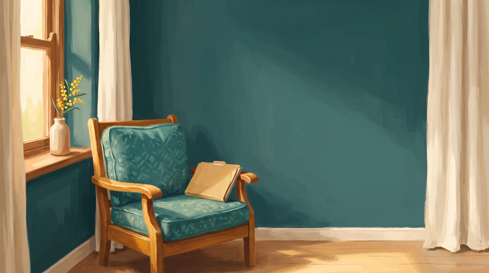 Painted illustration of a teal armchair by a sunlit window, with a folder of papers on the seat and a sprig of wattle in a vase on the sill