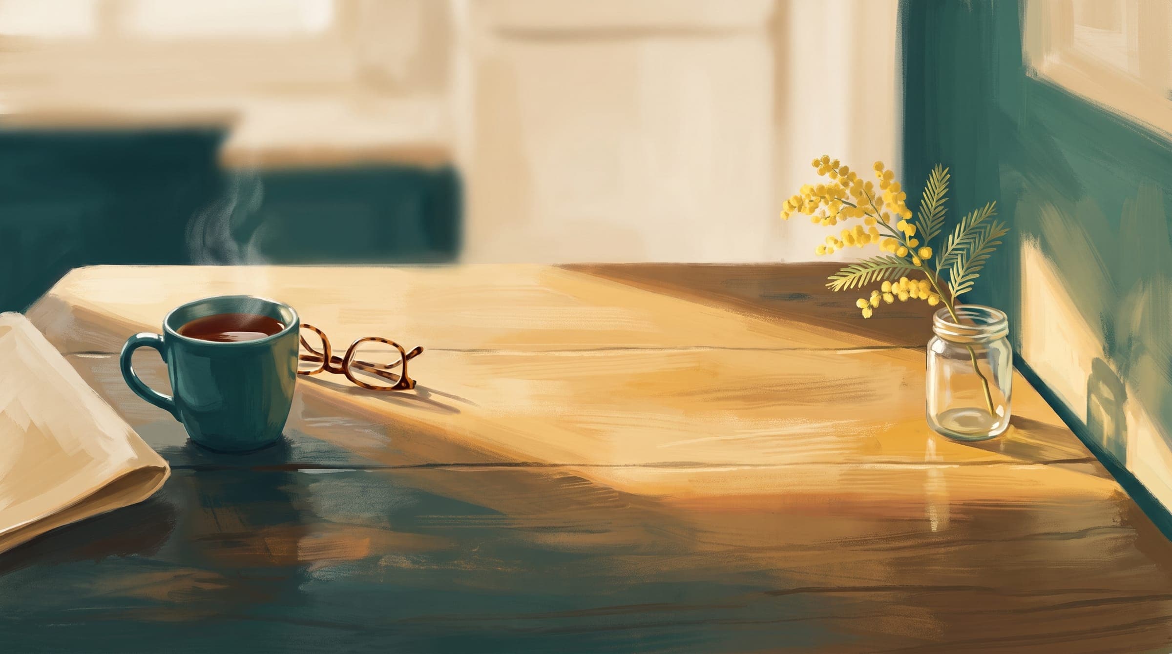 Painted kitchen table in afternoon light with a mug of tea, reading glasses, a folded sheet of paper and a sprig of wattle in a jar