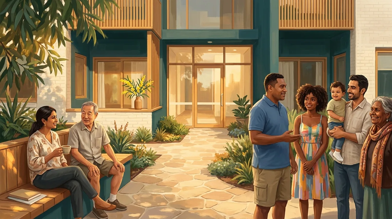 Painted illustration of neighbours of different ages and backgrounds chatting with their strata manager in the sunny garden courtyard of their apartment building